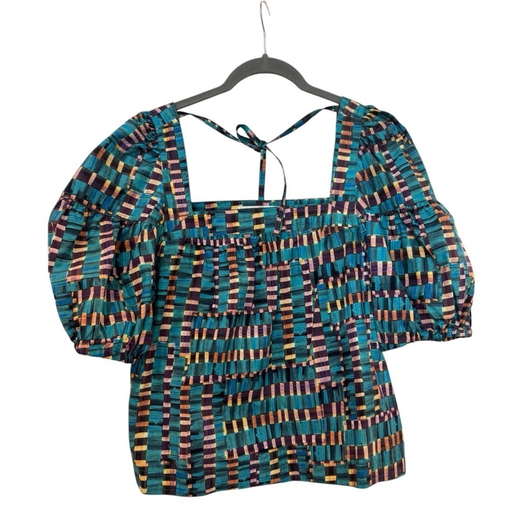 J4. Marie Oliver Vai Top Puff Sleeve Tie Back Boho Check Pattern